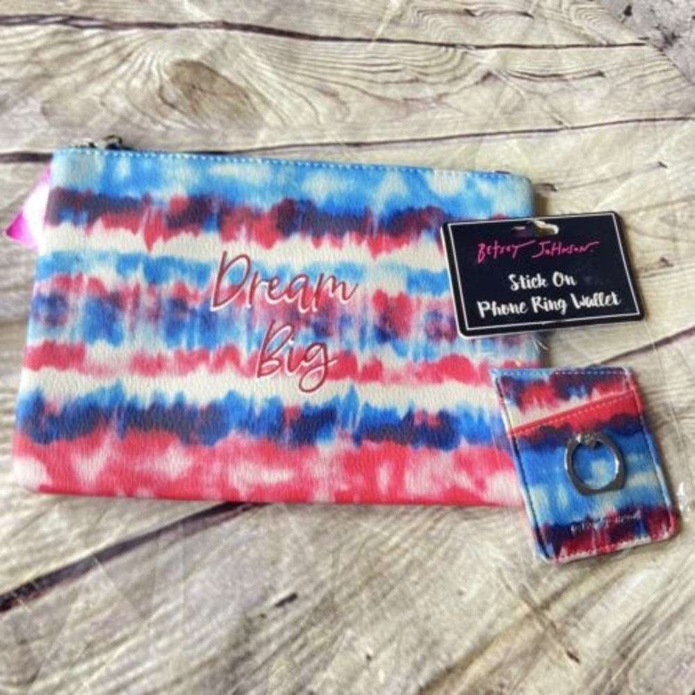 Betsey Johnson Large Wristlet Card Holder Set Dream Big Red Blue Clutch